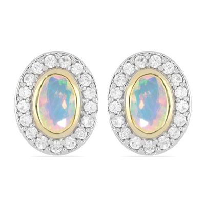 BUY 14K GOLD HALO EARRINGS WITH ETHIOPIAN OPAL GESMTONE AND WHITE DIAMOND